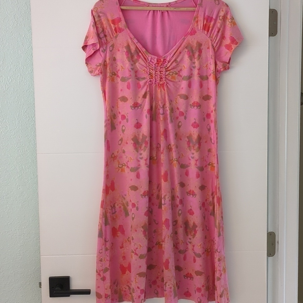 Fresh Produce A line Stretch Pink Abstract Boho Beachy Modest Dress Sz Medium
